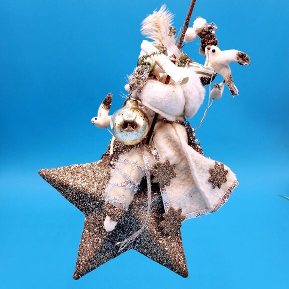 Santa Riding Star Decoration Assemblage Art Artisan Designed Felt Silver Gold - Picture 3 of 11